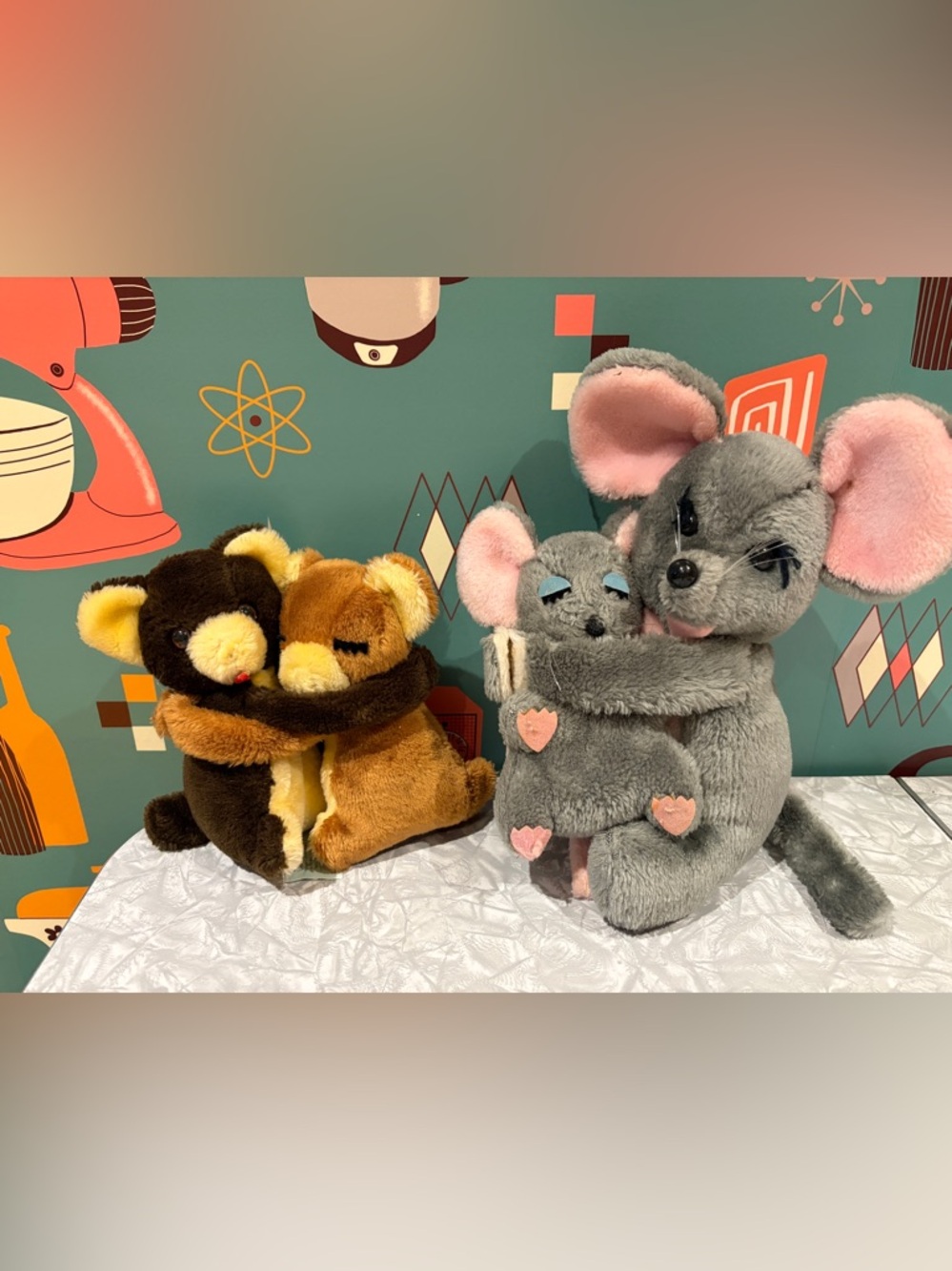 Vintage hugging Plush Grey Mouse Set and small bear set. See photos